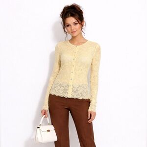 Tag L Fits S Vintage Vanilla Lace Button-Front Long-Sleeve Blouse